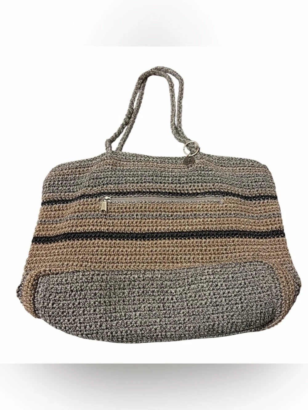 The Sak Crochet Shoulder Tote in Boho Coastal Nuetral Lined Zip Closure
